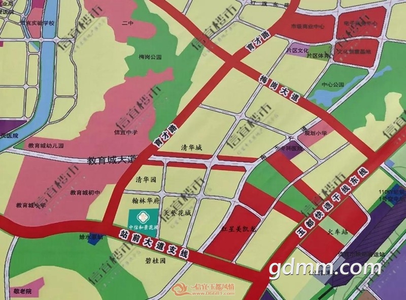 东至信宜火车站,南至站前大道支线路,西临教育城,北达竹山路,规划用地