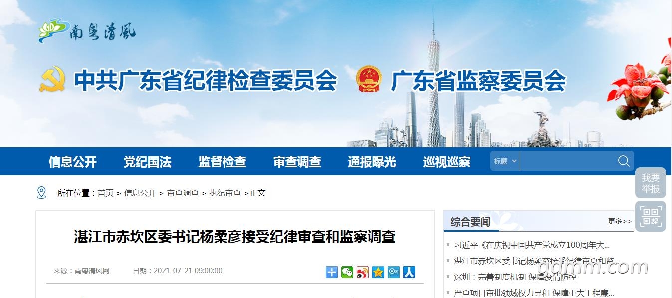 湛江市赤坎区委书记杨柔彦接受纪律审查和监察调查
